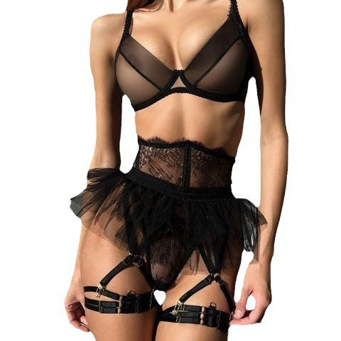 See-through sexy lingerie 4-piece set with tutu skirt G string Thong