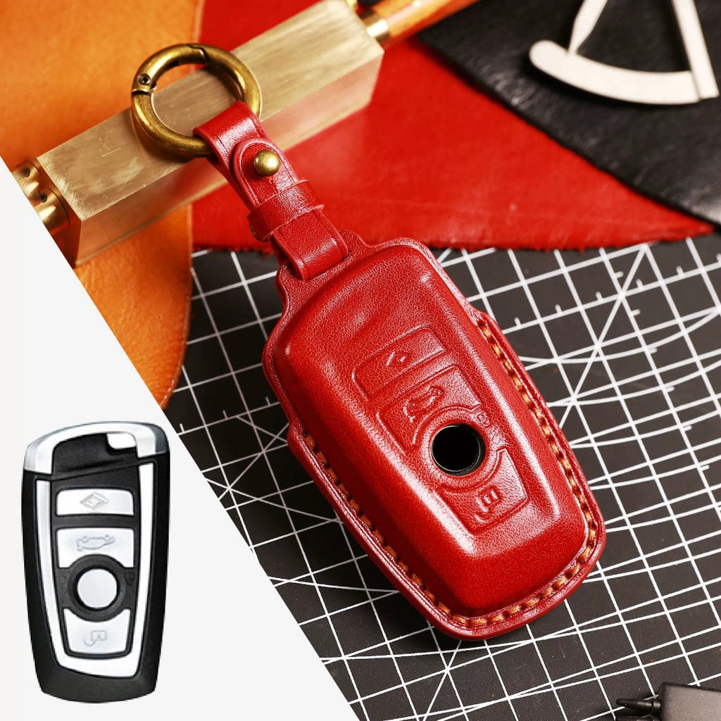 Carsine BMW Leather Car Key Cover - Genuine Leather, Premium Fit for All BMW Models Red / B