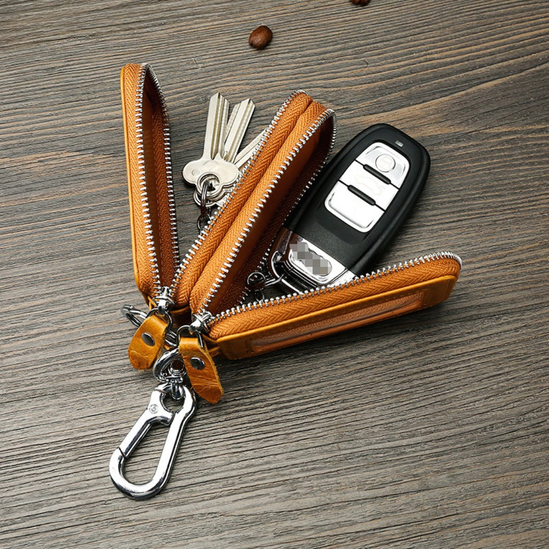 Universelle, doppellagige Autoschlüsseltasche aus Leder mit transparentem Fenster, passend für alle Modelle