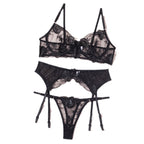 Carsine See-through embroidered flower sexy lingerie three-piece set G string Thong Black / S