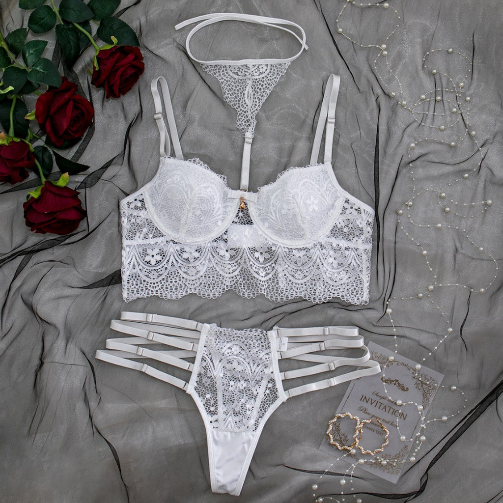 Carsine Lace suspenders body shaping sexy lingerie 3 Pcs set G string Thong White / S